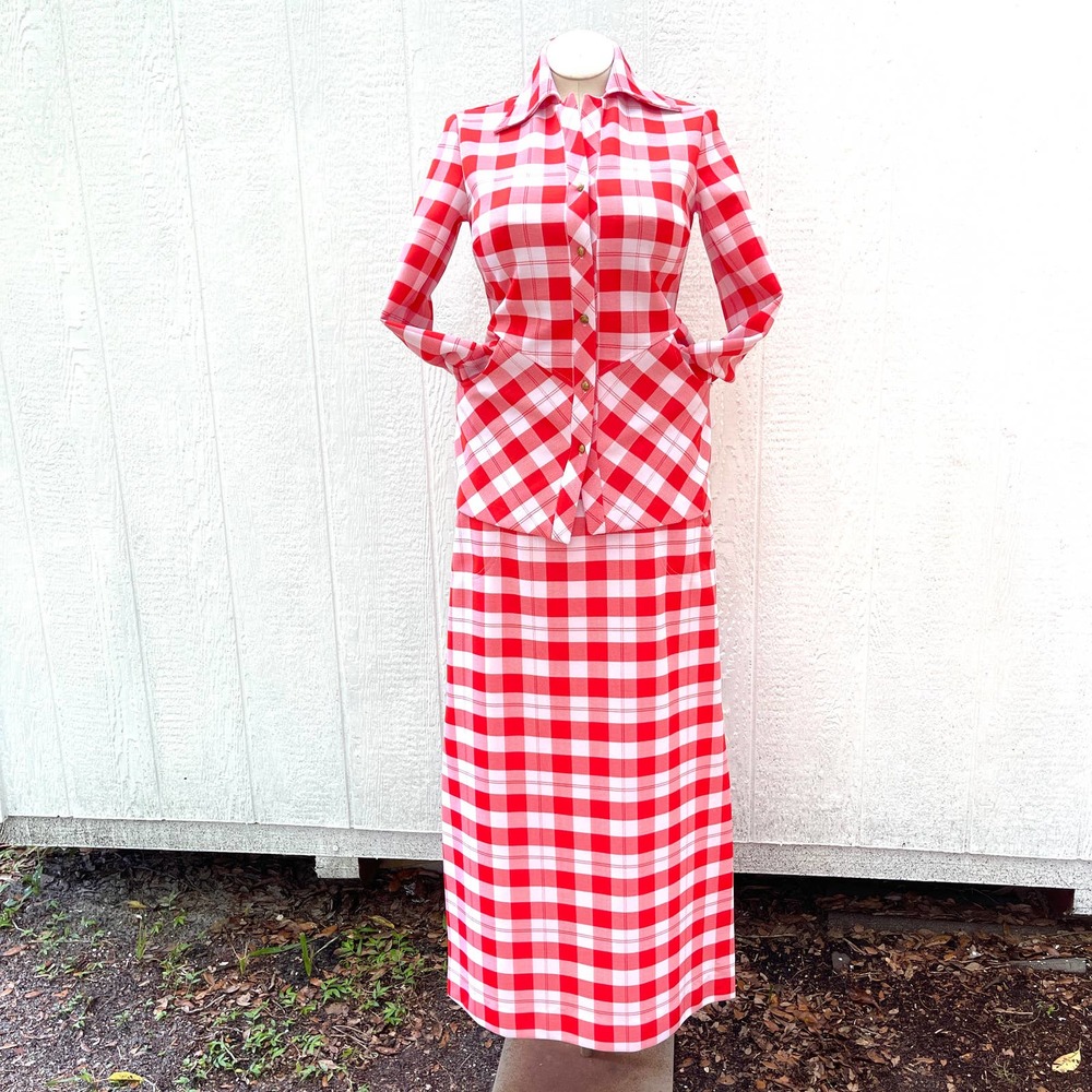 Vintage 70s Orange Plaid Maxi Skirt Set Pockets Anchor Buttons Jantzen Size M
